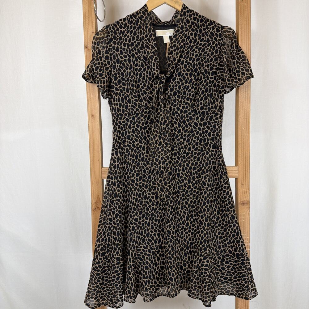 Michael Kors Black Tan Pattern Ruffle Lined Swing Dress #1265 Size SMALL